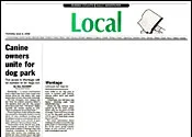 Newspaper clipping: Canine Owners Unite for Dog Park — New Jersey Herald